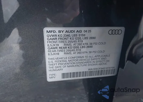 2025 Audi Q3 Premium 45 Tfsi S Line Quattro Tiptronic z USA, uszkodzony, nr VIN WA1EECF34S1078704